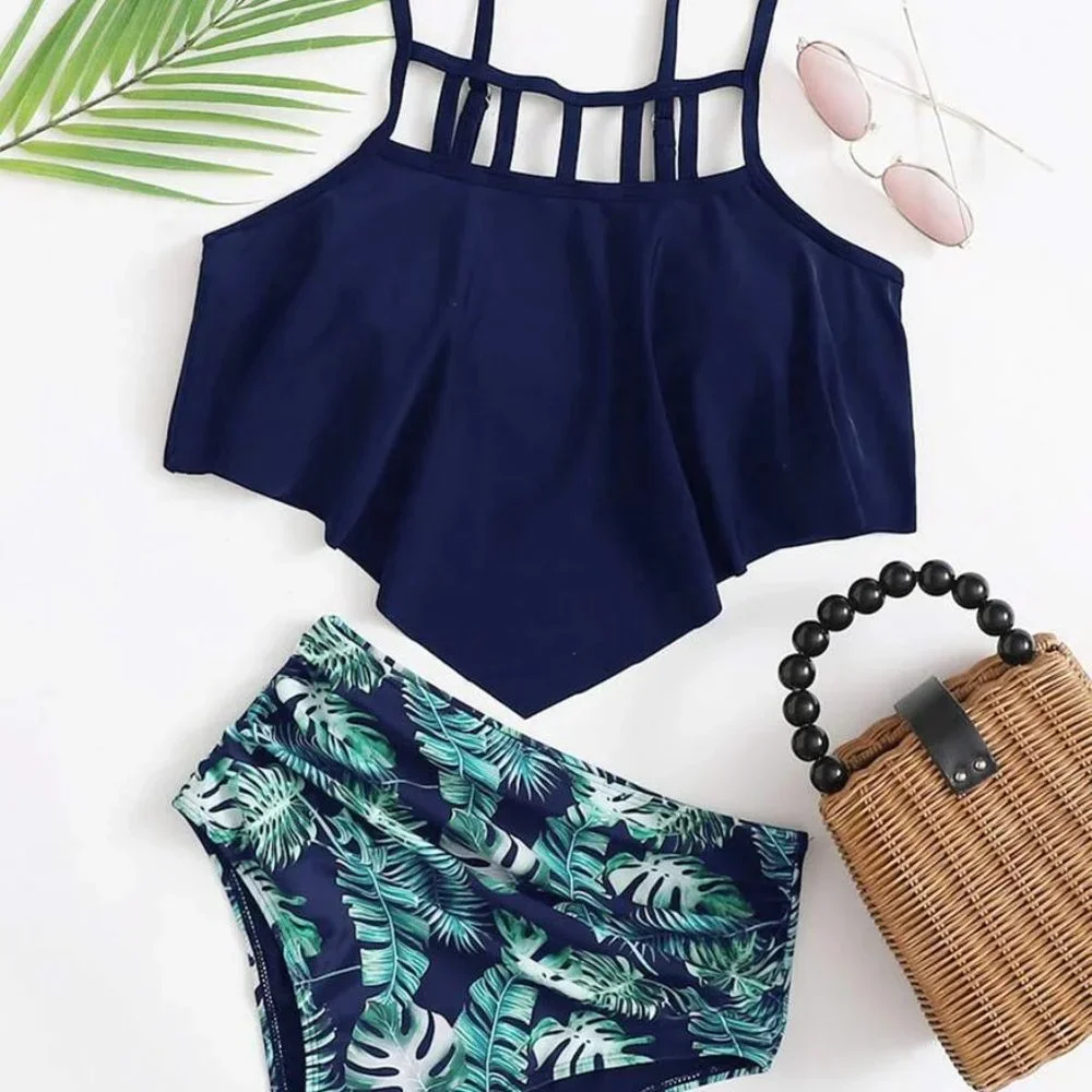 Navy Flounce Tropical High Waisted Swimsuit - Picture 1 of 4